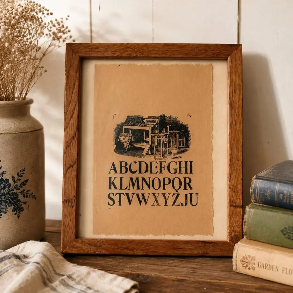 Vintage Framed Alphabet Print Primitive Folk Art Wood Frame